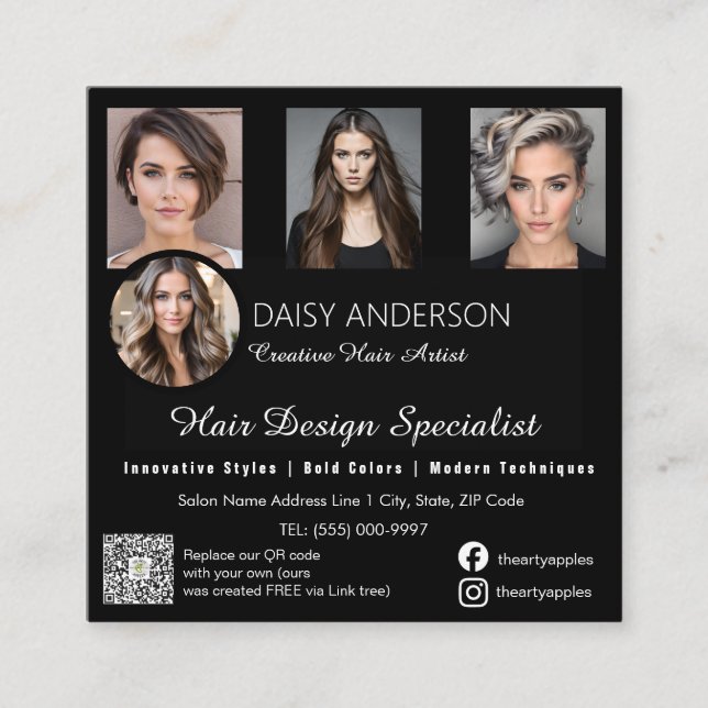 Black elegant  Hairstylist  Business Card: Square Business Card (Front)