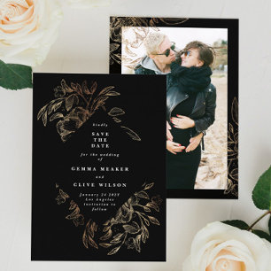 Black Elegant Hand Drawn Botanical Wedding Photo Save The Date