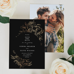Black Elegant Hand Drawn Botanical Wedding Photo Save The Date