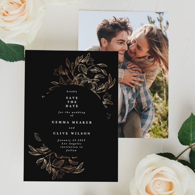 Black Elegant Hand Drawn Botanical Wedding Photo Save The Date (Creator Uploaded)