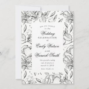 Black Elegant Hand Drawn Floral Wedding Invitation