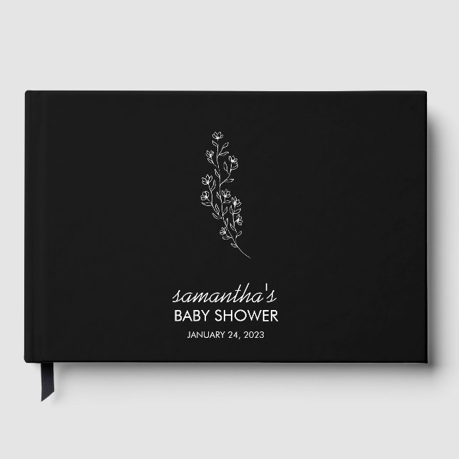 Black Elegant Handdrawn Floral baby shower Guest Book (Front)