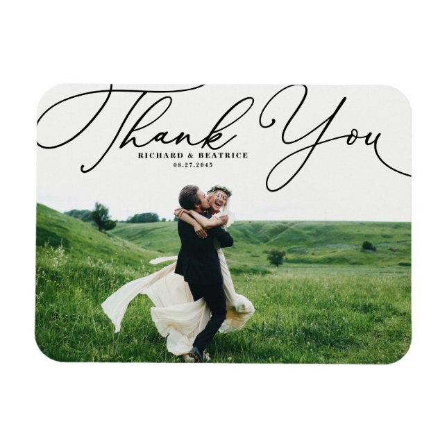 Black Elegant Handwritten Script Photo Wedding Magnet (Horizontal)
