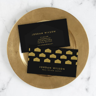 Black Elegant House Pattern Real Estate Agent Business Card