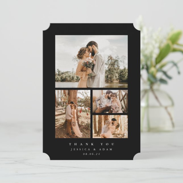 Black Elegant Minimal 4 Photo Wedding Flat Thank You Card (Standing Front)