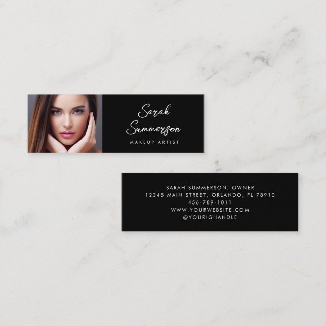 Black Elegant Minimal Photo Makeup Mini Business Card (Front/Back)