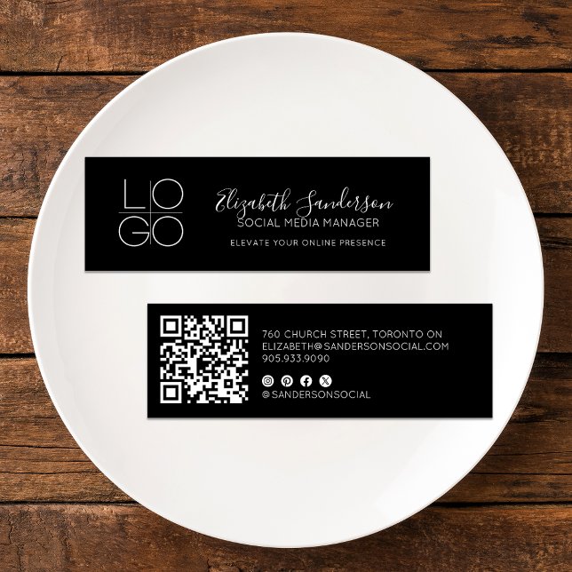 Black Elegant Minimal Script Slim with QR CODE Mini Business Card (Black Elegant Minimal Script double-sided Business Card with QR code)