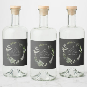 Black elegant modern botanical script wedding liquor bottle label
