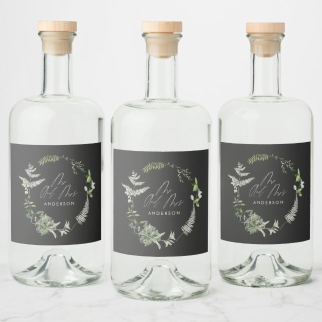 Black elegant modern botanical script wedding  liquor bottle label (Bottles)