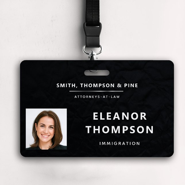 Black Elegant Modern Business Professional Photo ID Badge (business corporate badge law firm attorney real estate manager ceo cfo paralegal black white)