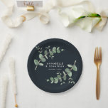 Black elegant modern eucalyptus foliage wedding paper plate<br><div class="desc">Eucalyptus Greenery foliage modern minimal elegant contemporary garden party Wedding decor paper plates. Simple contemporary botanical design. Sage green,  navy blue,  black and white elegant modern colorway suits spring,  summer fall,  autumn and whiter wedding ceremonies.</div>
