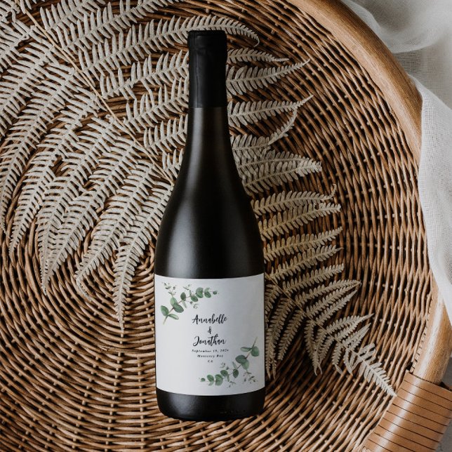 Black elegant modern eucalyptus wedding wine label (Creator Uploaded)