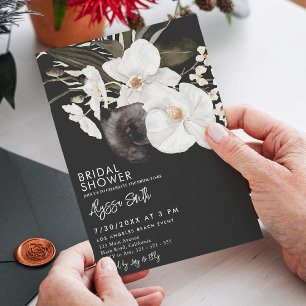Black Elegant Modern Floral Orchid Bridal Shower Invitation