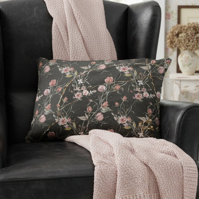 Black Elegant Modern Floral Rose Decorative Cushion (Creator Uploaded)