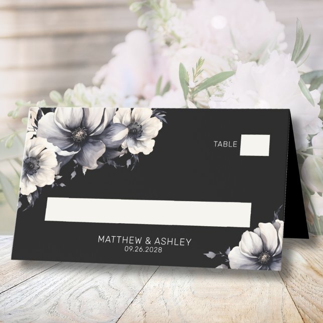 Black Elegant Modern Floral Wedding Place Card (Elegant Black Floral Wedding Place Card)