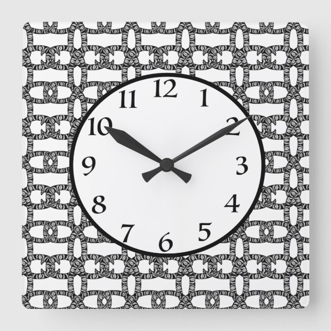 Black Elegant Modern Geometric White Pattern Square Wall Clock (Front)