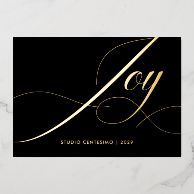 Black Elegant Modern Joy Corporate Logo Gold Foil Holiday Card (Front)