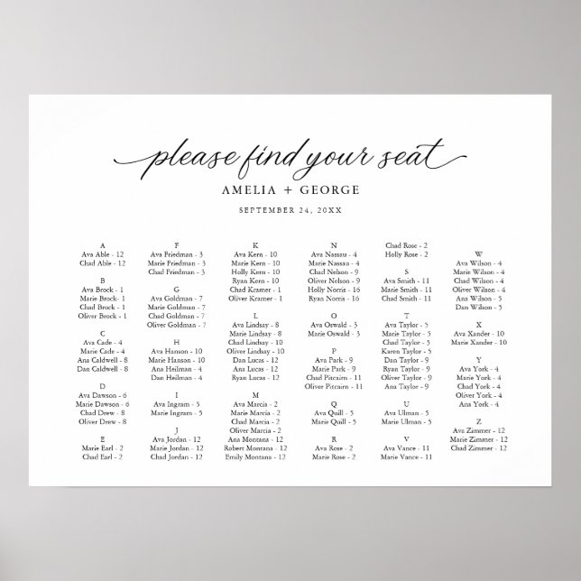 Black Elegant Modern Script Calligraphy Seating Poster (Front)