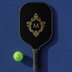 Black Elegant Monogram in Vintage Faux Gold Crest Pickleball Paddle
