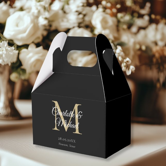 Black Elegant Monogram  Wedding Favour Box (White Elegant Monogram Wedding Favor Boxes, black, beige, gold, with your name and date.)