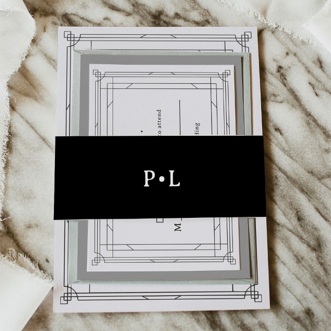 Black Elegant Monogram Wedding Invitation Belly Band (Creator Uploaded)