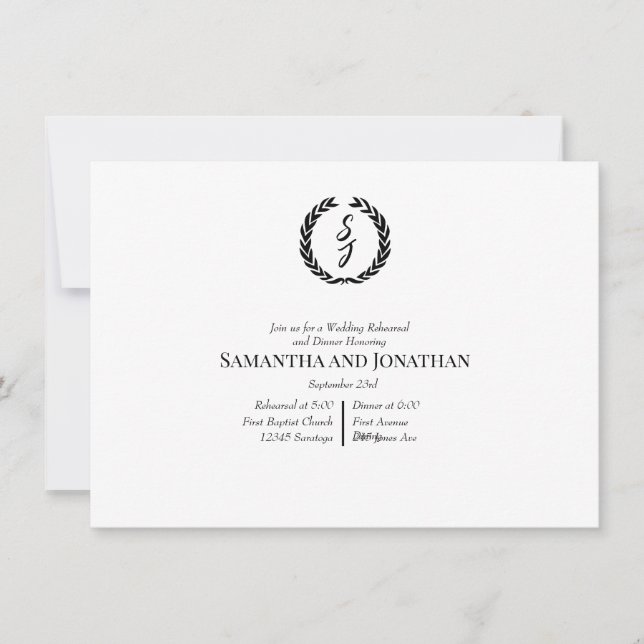 Black Elegant Monogram Wreath Wedding Rehearsal  Invitation (Front)