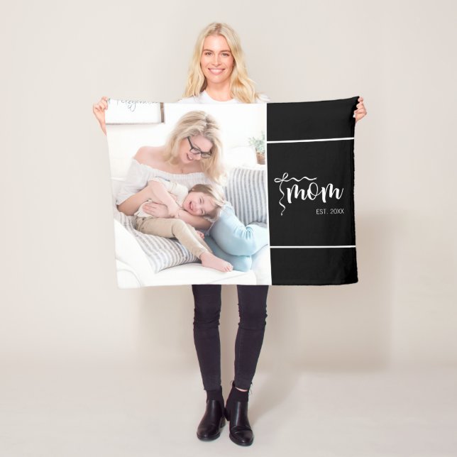 Black Elegant Mum Established Bow Add Photo Fleece Blanket (In Situ)