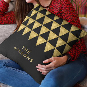Black Elegant Name Faux Gold Triangle Pattern Cushion