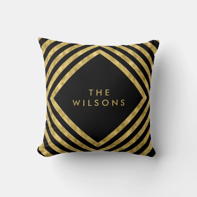 Black Elegant Name Geometric Square Lines Pattern Cushion (Front)