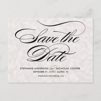 Black elegant pearl script wedding save the date announcement postcard
