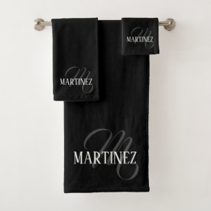 Black Elegant Personalised Last Name   Name Bath Towel Set