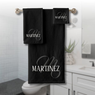 Black Elegant Personalised Last Name   Name Bath Towel Set