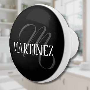 Black Elegant Personalised Last Name Name Ceramic Knob