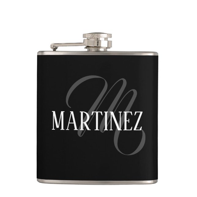 Black Elegant Personalised Last Name | Name Hip Flask (Front)