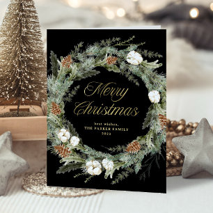 Black Elegant Pine Greenery   Gold Merry Christmas Holiday Card