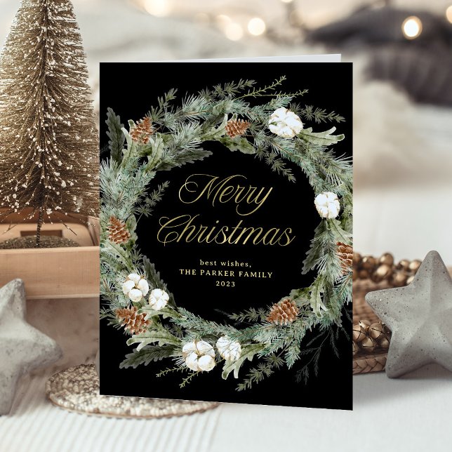 Black Elegant Pine Greenery | Gold Merry Christmas Holiday Card (An elegant, dark black holiday card with a traditional Christmas wreath and gold script)