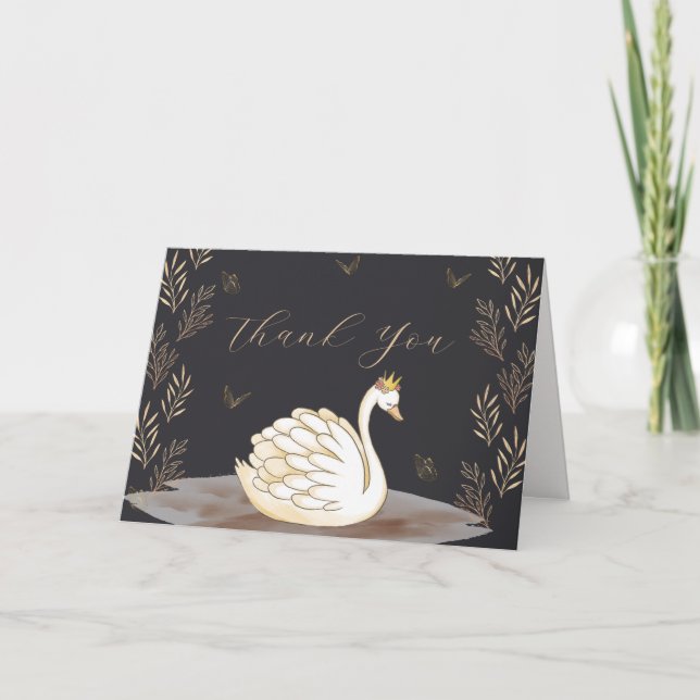 Black Elegant Princess Swan Butterfly Baby Shower  Thank You Card (Front)