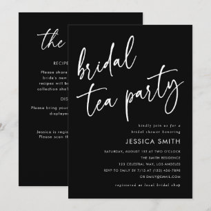 Black Elegant QR Code Bridal Shower Tea Party Invitation