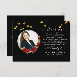 Black Elegant Red Floral Funeral Thank You Card