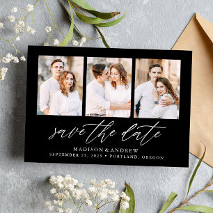 Black Elegant Script 3 Photo Collage Save The Date