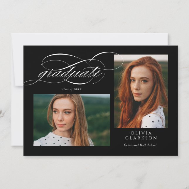 Black Elegant Script 3 Photo Graduation Party Invitation (Front)
