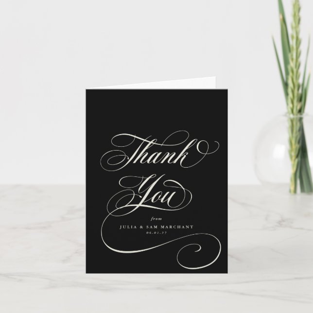 Black Elegant Script Blank Wedding Thank You Card (Front)
