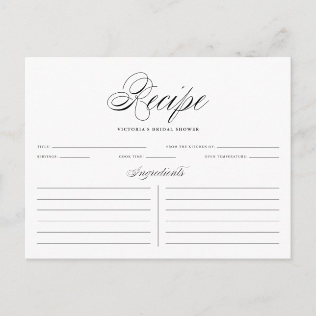 Black Elegant Script Bridal Shower Recipe Card (Front)