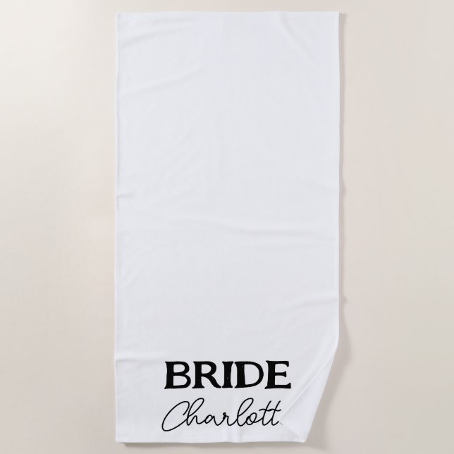 Black Elegant Script Bride White Beach Towel (Front)