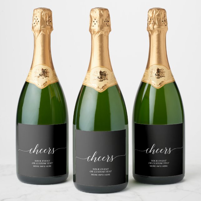 Black Elegant Script Cheers Party Favour Sparkling Wine Label (Bottles)