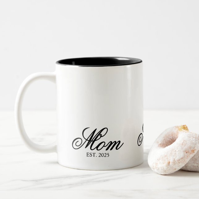 Black Elegant Script Established Mom Two-Tone Coffee Mug (With Donut)