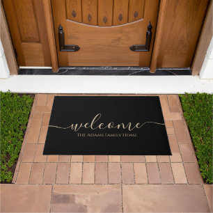 black Elegant Script Family Name Welcome Doormat
