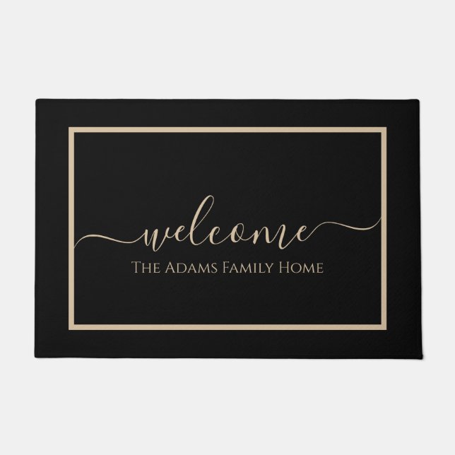 black Elegant Script Family Name Welcome Doormat (Front)