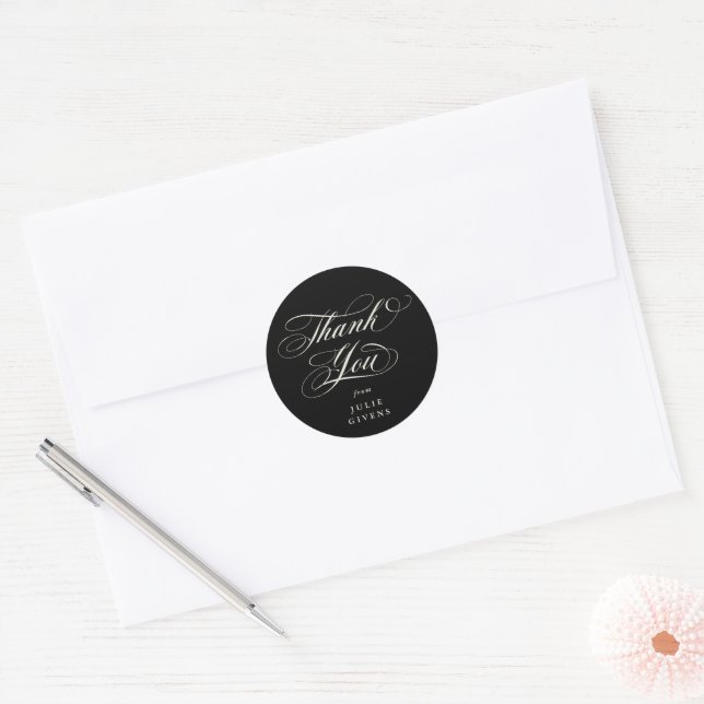 Black Elegant Script Graduation Thank You Classic Round Sticker (Envelope)