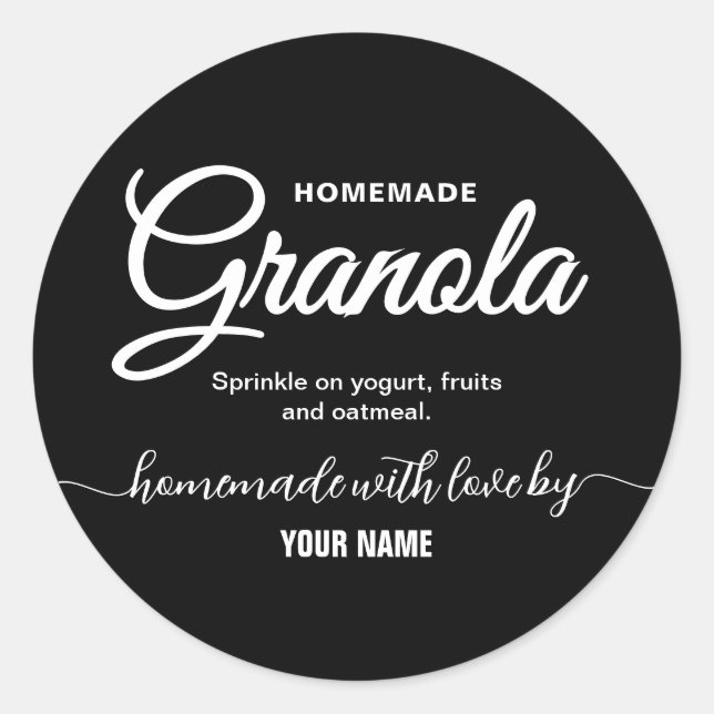 Black Elegant Script homemade granola label (Front)